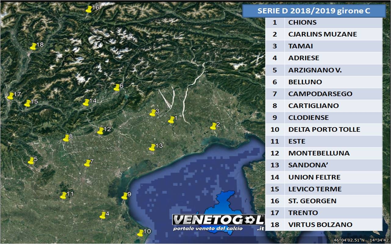 Serie D. La mappa del girone C 2018/2019 vista da Google Earth